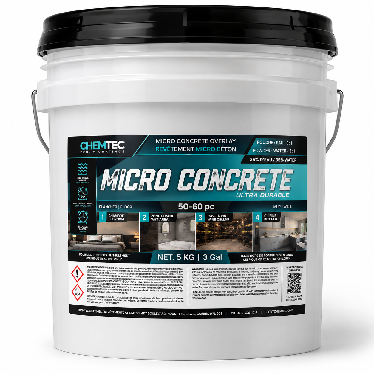 CHEMTEC Micro Concrete 5-gallon white pail with black lid and product label, front view